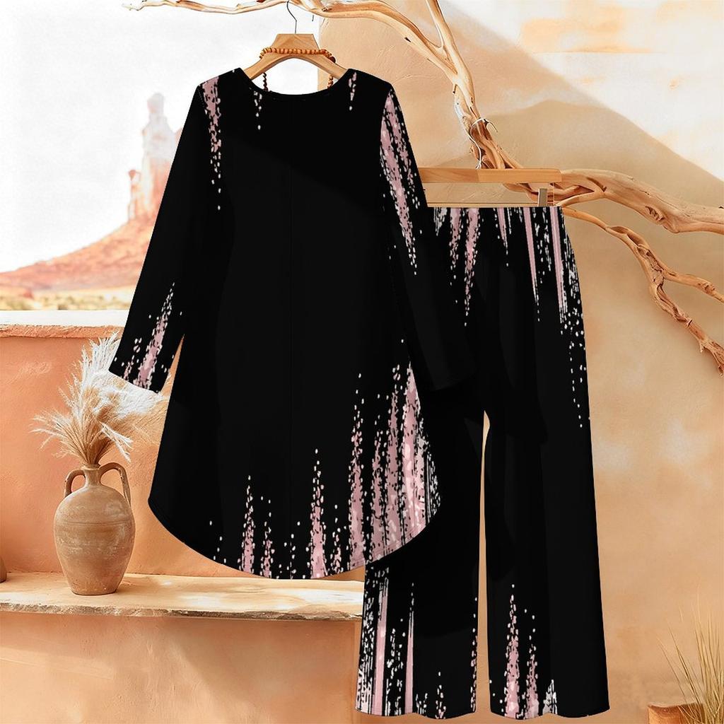 Marble Print Two Piece Outfit Women Long Sleeve Irregular Hem Tunic Top Wide Leg Pants Casual Matching Set