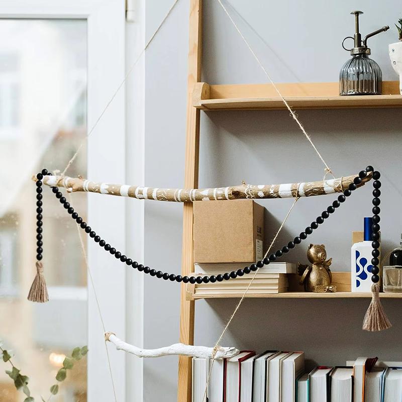 14/16mm Original Wood Color Hemp Rope Wood Bead Garland with Tassels Rustic Country Decor Prayer Boho Beads Wall Hanging Decor