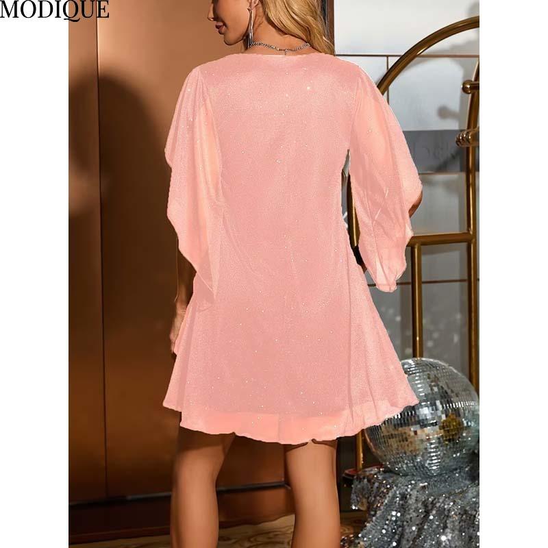 MODIQUE 2025 Summer New Ladies Sexy Elegant Deep V-Neck X-Line Sequin Mesh Cape Sleeve Short Dress