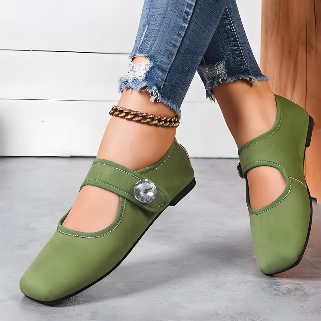 Women's Plus Size Casual Square Toe Flats with Rhinestone Decoration Adjustable Strap Comfortable Slip-On Shoes Suitable for Daily Wear