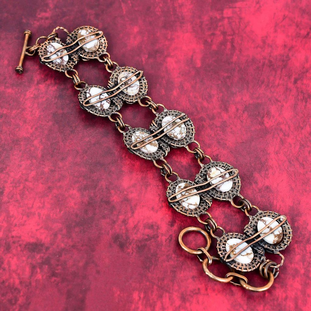 Pulseira de magnesita cavalo selvagem pulseira enrolada em fio de cobre pulseira de corrente ajustável pulseira de pedras preciosas joias de cobre feitas à mão presentes de casamento