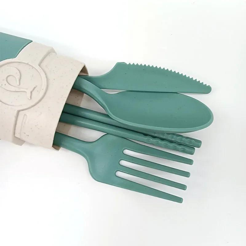 Portable Reusable Spoon Fork Travel Picnic Chopsticks Wheat Straw Tableware Cutlery Set With Carrying Box For Student Office