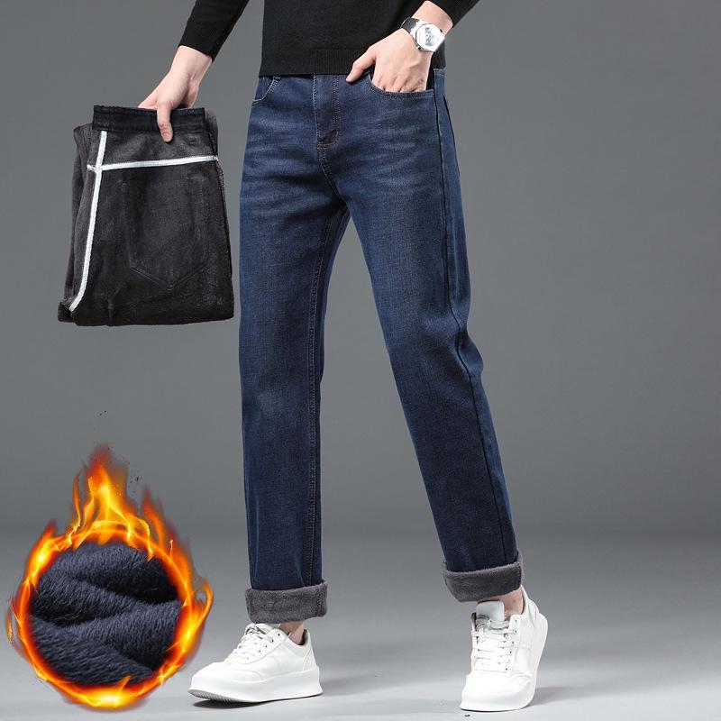 Men's 2024 Winter Thickened Velvet Jeans - High Waist, Straight-Leg, Large Size, Elastic Casual Pants