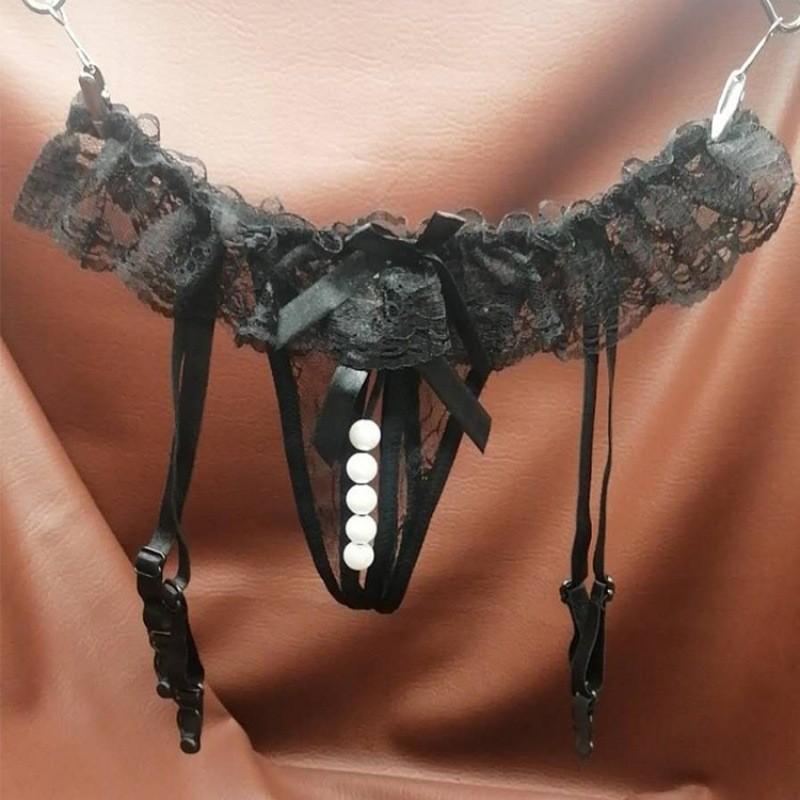 Sexy Underwear Suspenders Massage Pearl Panties Open Gear Free Black Silk Sexy Lace Skirt Transparent Temptation Thong