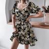 Summer Floral Chic Square Neck Waist Ruffle Balloon Sleeves Dress