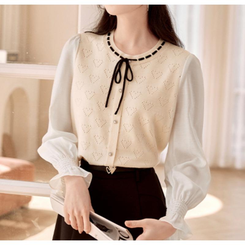 

Женский вязаный свитер с имитацией двух частей, с длинными рукавами, новый весенне-летний, со шнуровкой, с круглым вырезом, бежевый, топ с открытыми плечами One Size