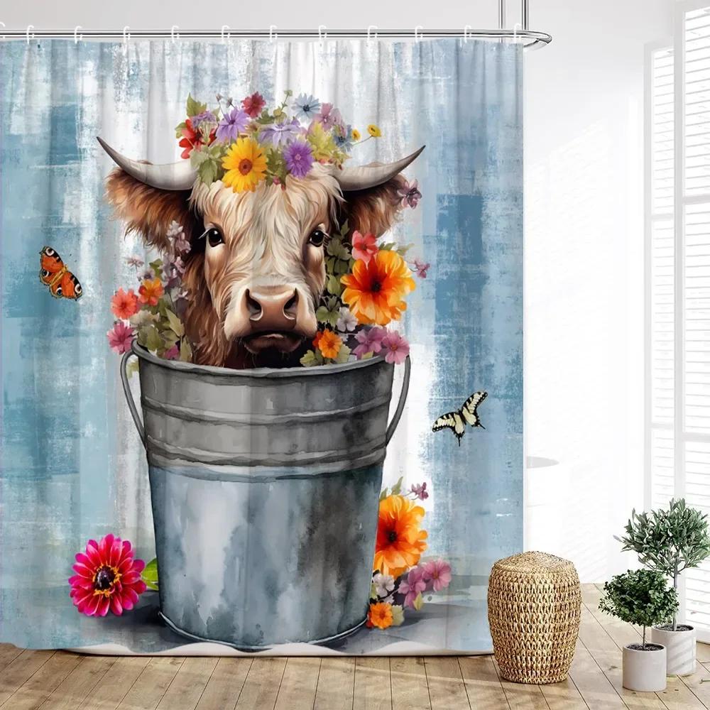 Cow Shower Curtain, Farm Animals Watercolor Spring Cartoon Rustic Plank Flower Butterfly Barrel Sunflower Cowboy Bathroom Decor