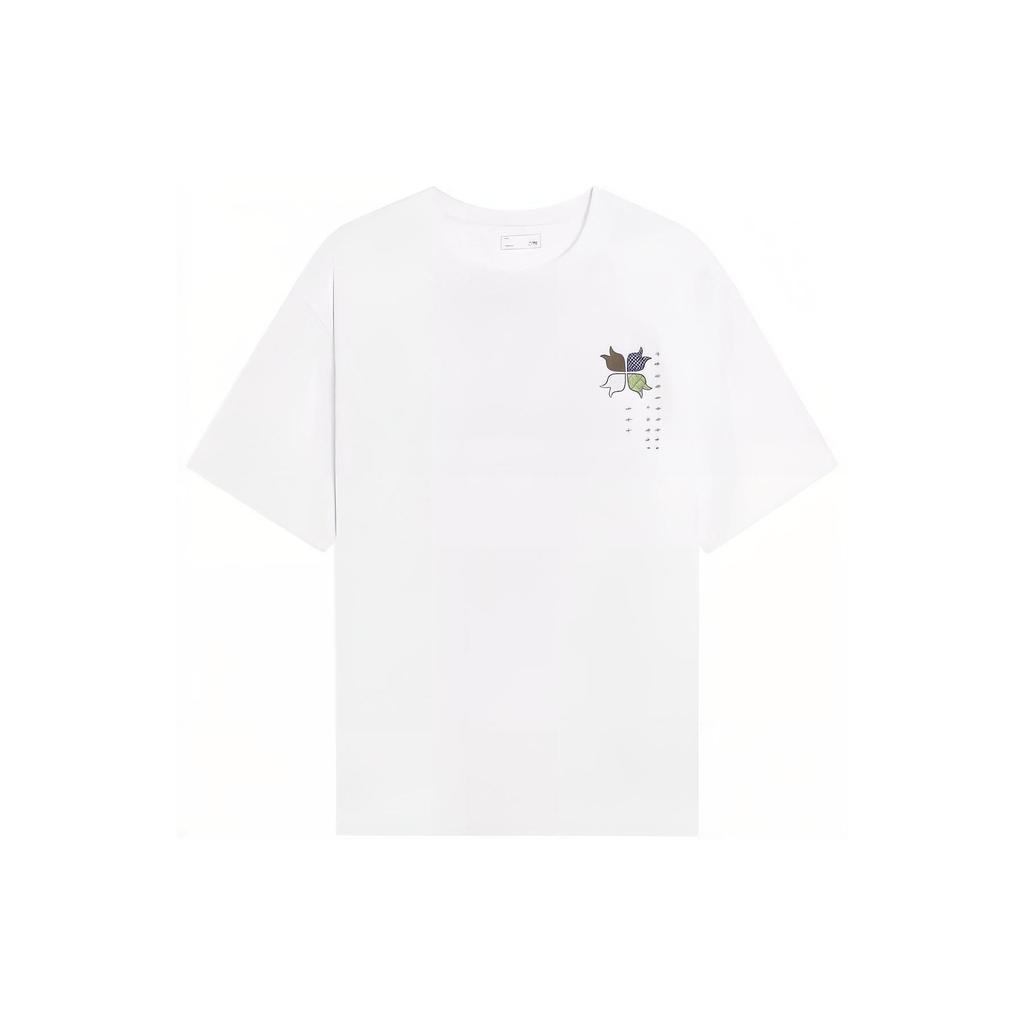 Li Ning Floral Print Loose Crew Neck Short Sleeve T-Shirt Unisex Tops White ATSS597-6