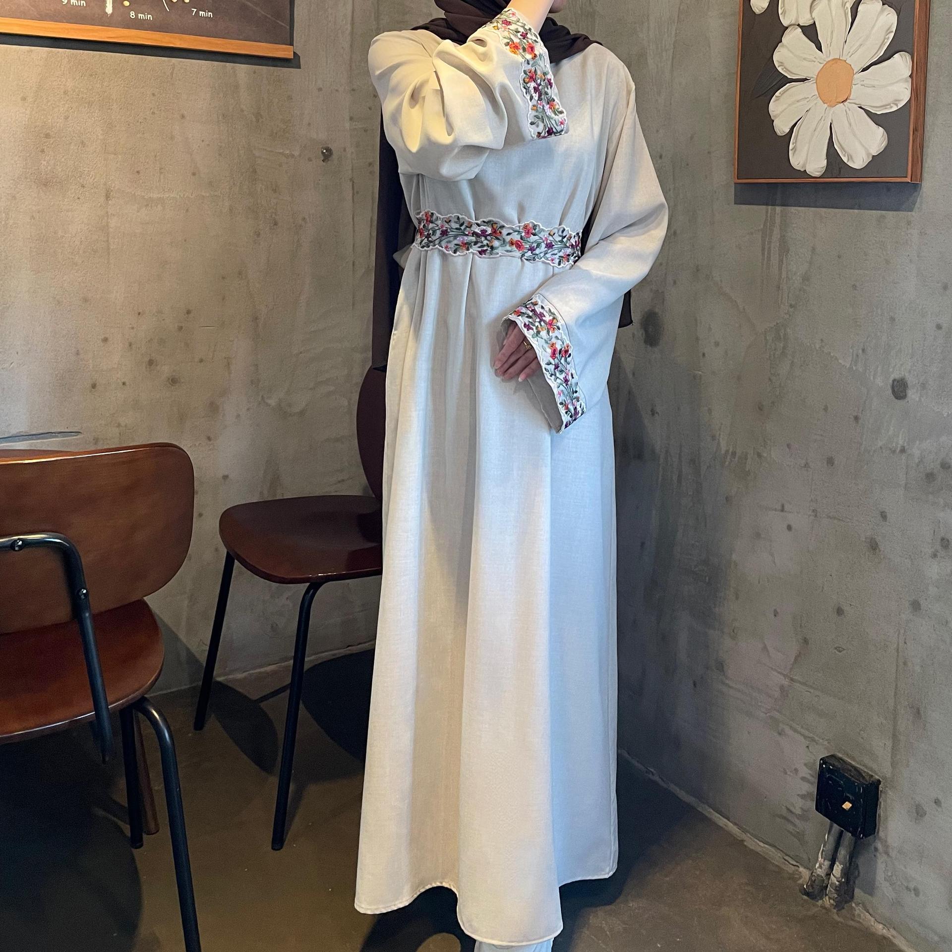 Льняное вышитое мусульманское платье с цветочным узором Large абрикосовый