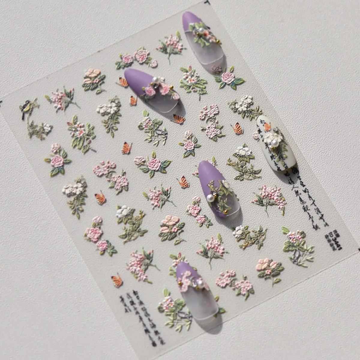 

1 шт. розовые лепестки рельефные наклейки для ногтей элегантные ретро цветы самоклеящиеся переводные наклейки для ногтей украшения DIY