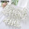 WTEMPO Little Fresh Flower Printed Off Shoulder Shirts Women's Summer Slim Sweet Stringy Selvedge Cropped Tops