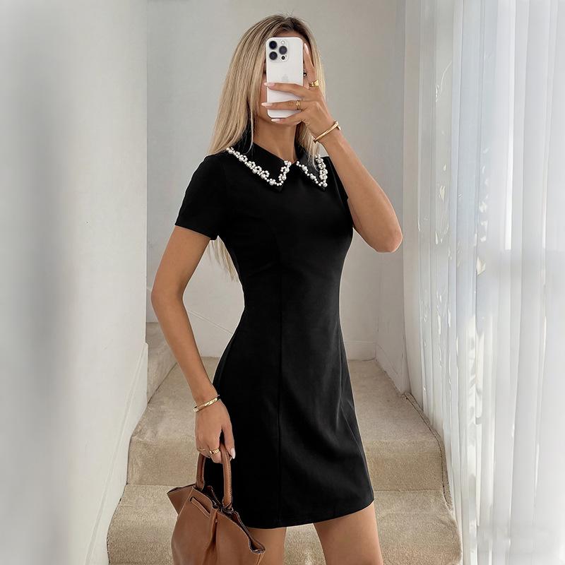 European and American Beaded T-shirt Skirt 1011 New Casual Short-sleeved Black Short Dress Women's Clothing