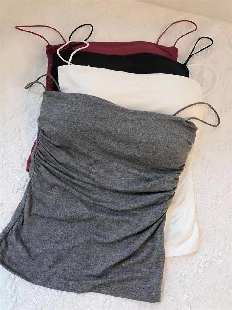 Damen Französisch Chic Spaghetti-Träger Plissee Tube Top Camisole mit gepolsterter Brust