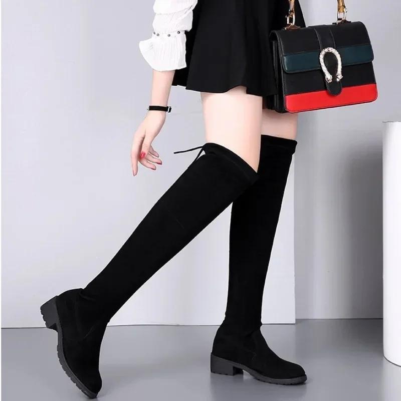 Women's Winter New Black Knee High Boots, Fashionable Lace Up Thick High Heels, Warm Suede Round Toe Elastic Long Boots
