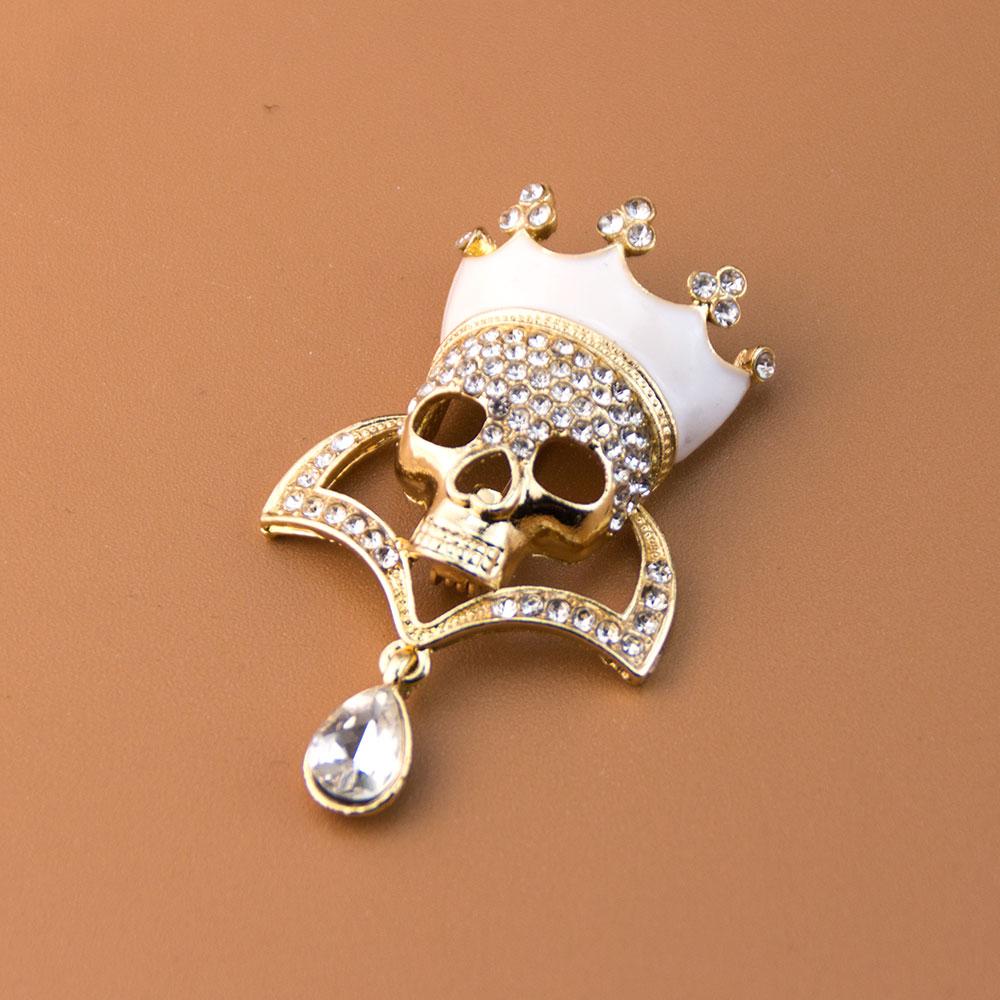 Fashion Women Skull Brooch Gold Color Rhinestone Halloween Jewelry Water Droplet Pendant Hiptop Rock Punk Hell Badge