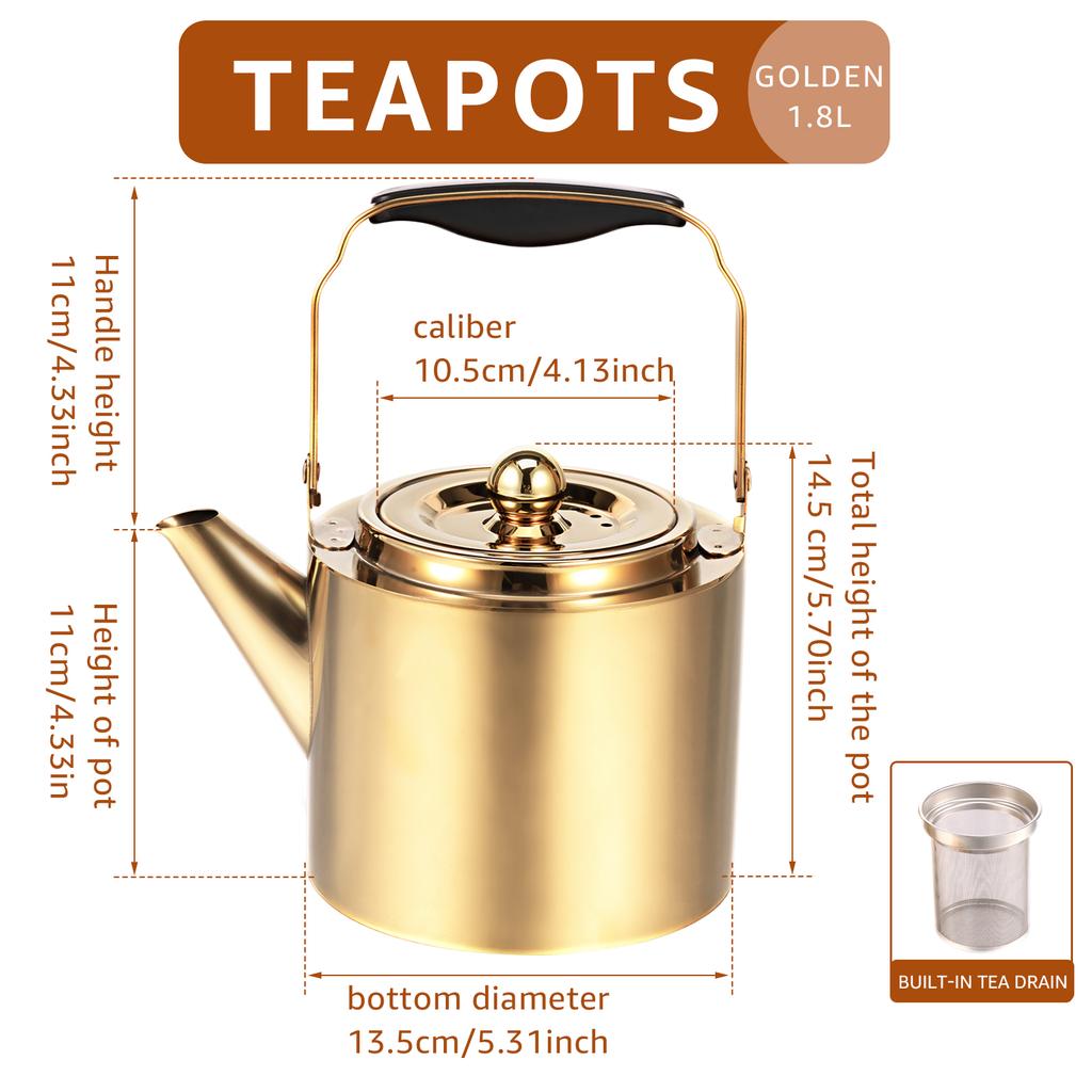Stainless Steel Tea Pot Spout Design 1.8L Large Capacity Tea Kettle with Removeable Infuser Fine Mesh Filter for Home Camping