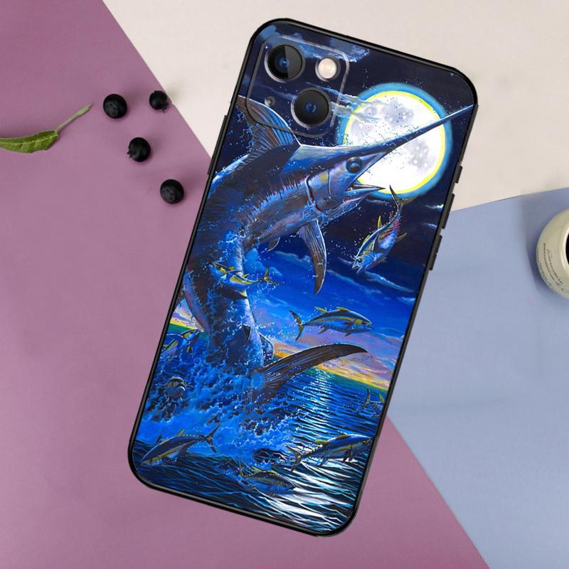 Blue Marlin Painting Case For iPhone 16 15 14 13 12 11 Pro Max Plus X XS Max XR 7 8 Cover Accessories