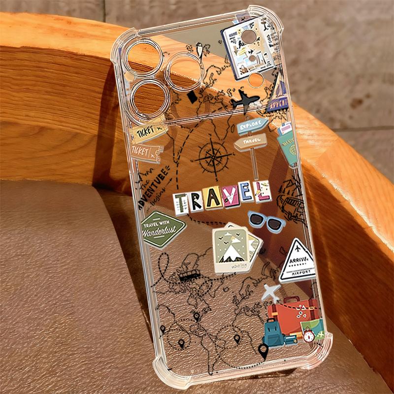 Travel Route Pattern Phone Case For iPhone 17e 17 16 15 14 Pro Max 14 13 Pro 16 Shockproof Clear TPU Soft Card Slot Pocket Cover