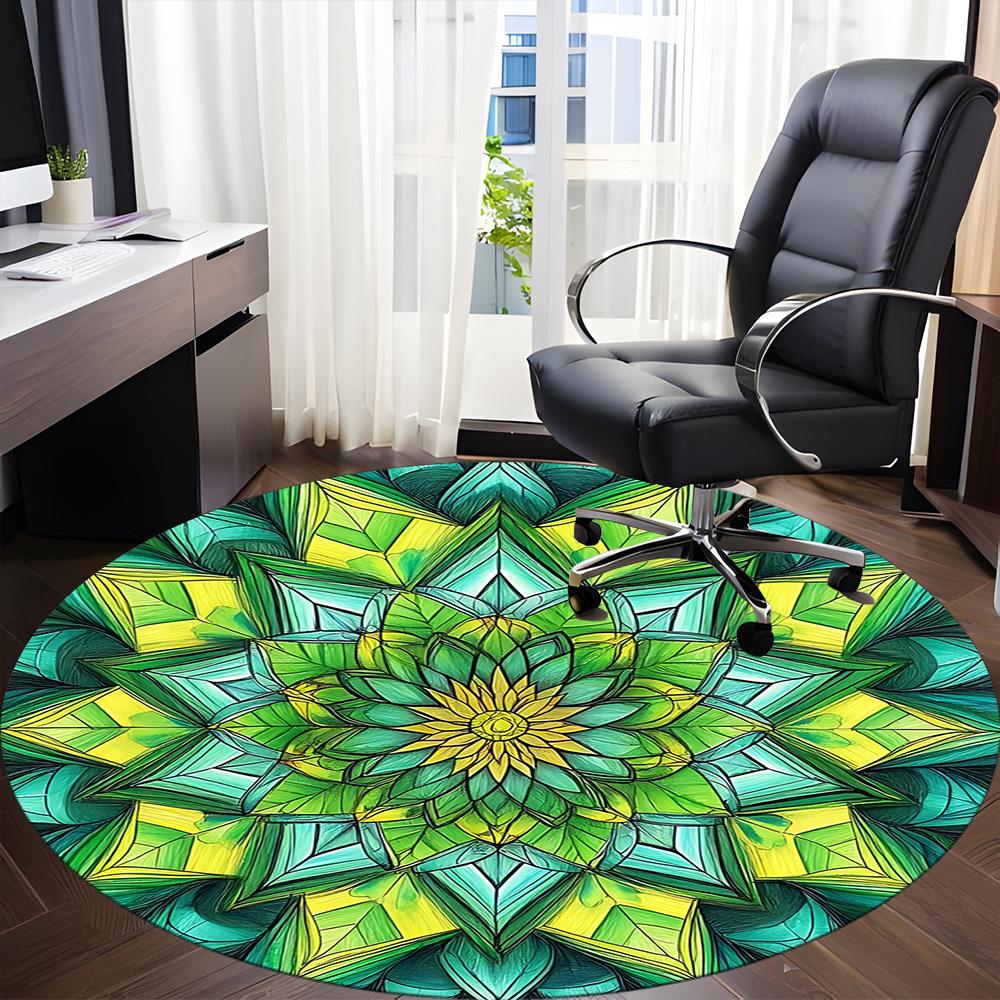 1PC Green Mandala Pattern Office Round Rug, Non slip, Soft and Durable Office Rug for Interior Decoration, Perfect for Office