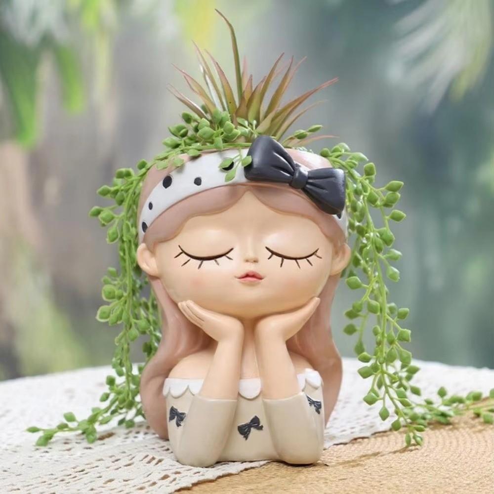 Cartoon Girl Face Planter Pot Resin Bonsai Vase Gardening Supplies Succulent Planter Pot  Cafe