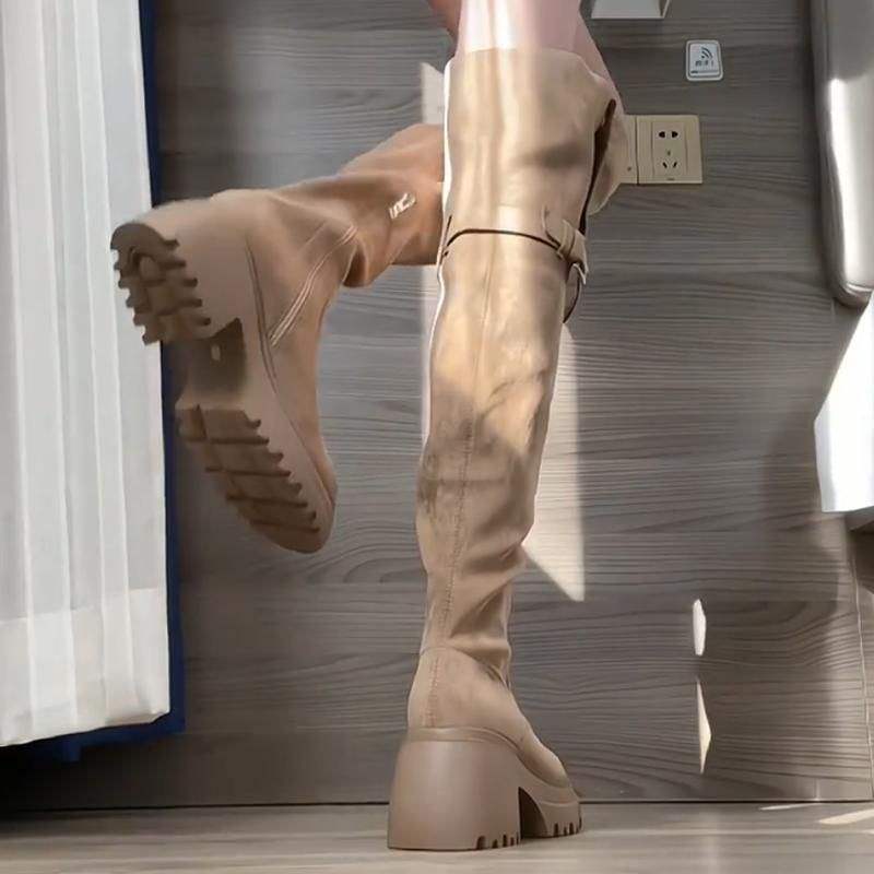 

Хаки женские весенне-осенние замшевые сапоги до колена, двусторонние длинные сапоги на толстом каблуке, высокие сапоги-рыцари, вестерн-сапоги на толстой подошве 35