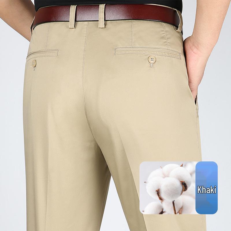 Men's High Waist Straight Leg Cotton Pants - Summer Casual, Solid Color, Middle-Aged, Loose Fit, Deep Crotch, Dad Trousers