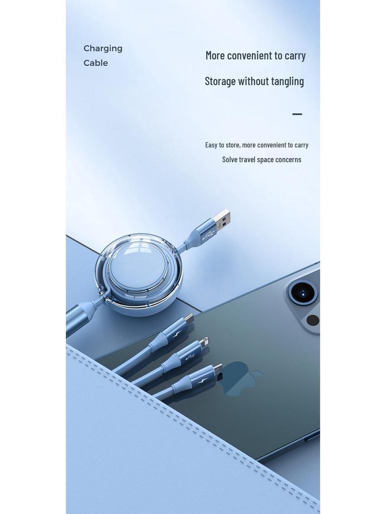 66W Fast Charging Retractable 3-in-1 Universal Cable for Apple & Android