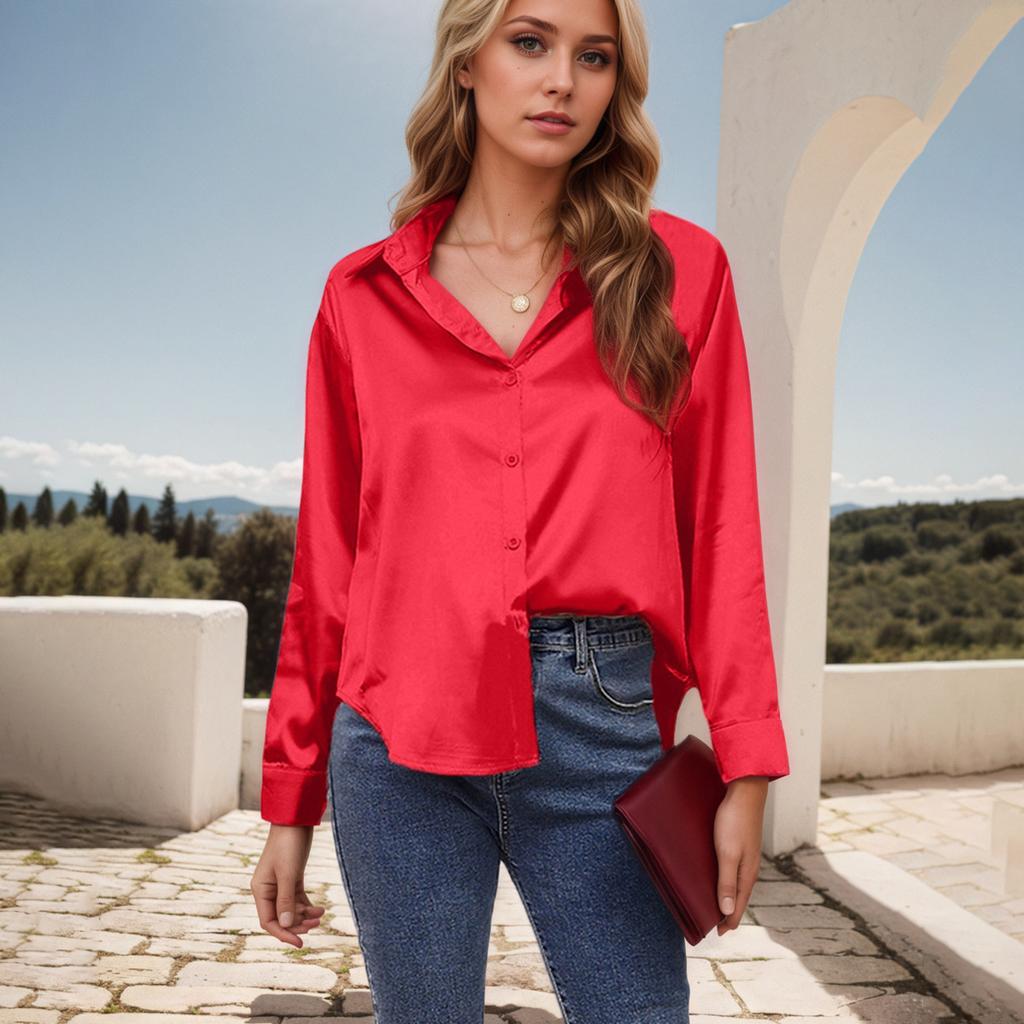 Women's Turn Down Collar Long Sleeve Regular Fit Shirt Casual Button Front Blouse