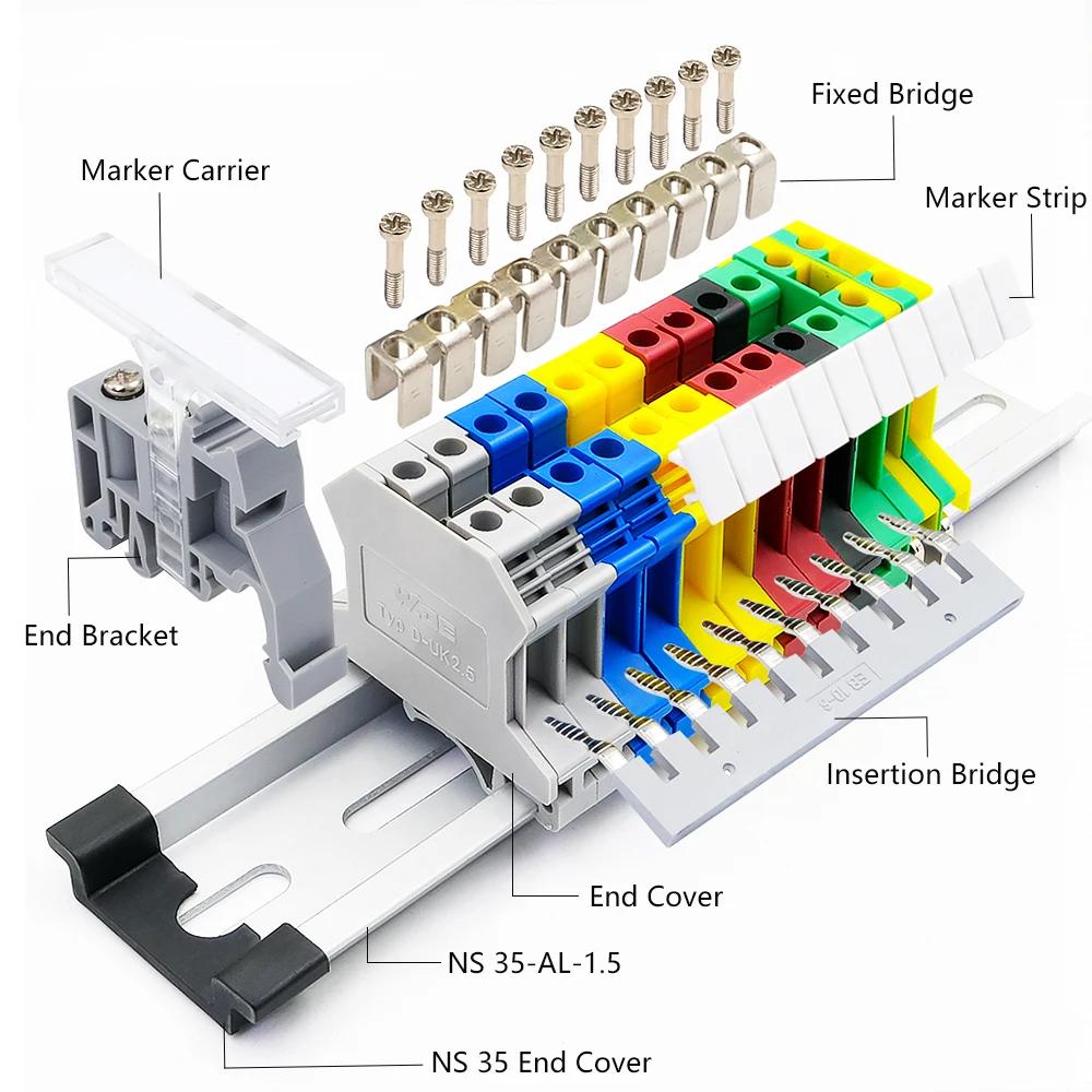 UK2.5B Kit Screw Clamp End Cover Stop Insertion Jumper Bridge Marker Strip Assembly Set Combined Din Rail Terminal Block 12AWG