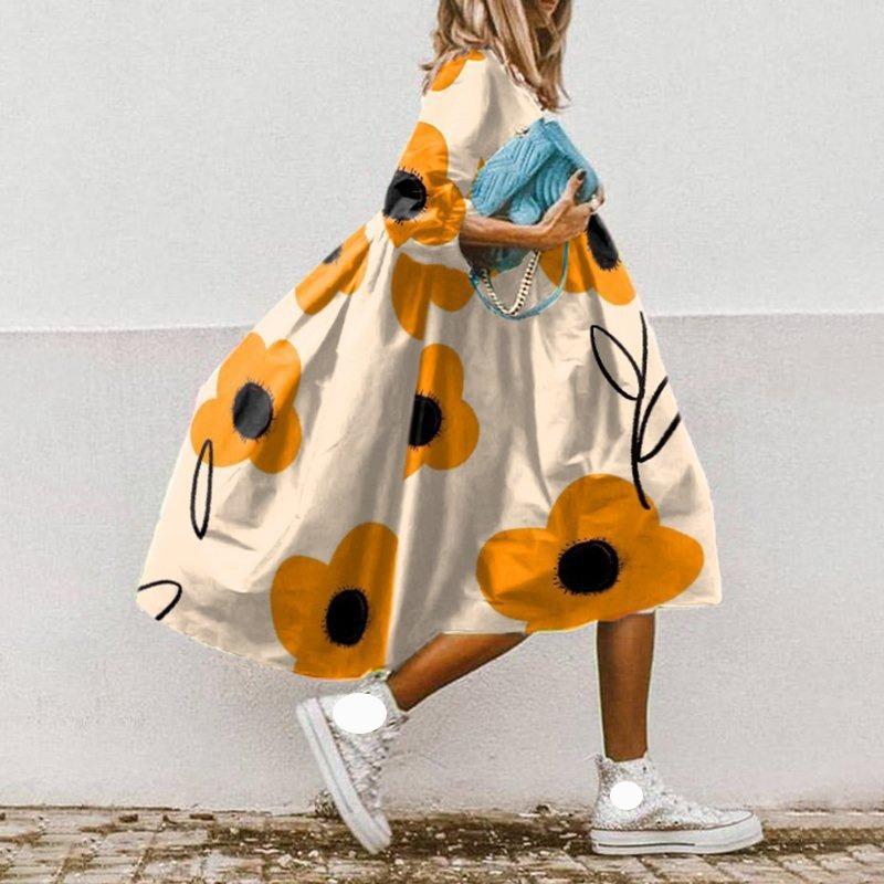 Summer Casual Loose Waist Printed Dress Women Fashion Round Neck Floral Plus Size Dresses Female A Line Elegant Vintage Dress 24059