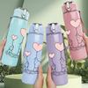 1PC Two Rabbits Love Heart 750ml Color Plastic Sports Water Bottle Leakproof Flip Straw Lid Suitable for Sports Office Home Use