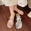 Versatile Thick-heeled Slippers Women's Outerwear Clip New 2025 Summer Rhinestone Cool Slippers Toe Fashion Sandals