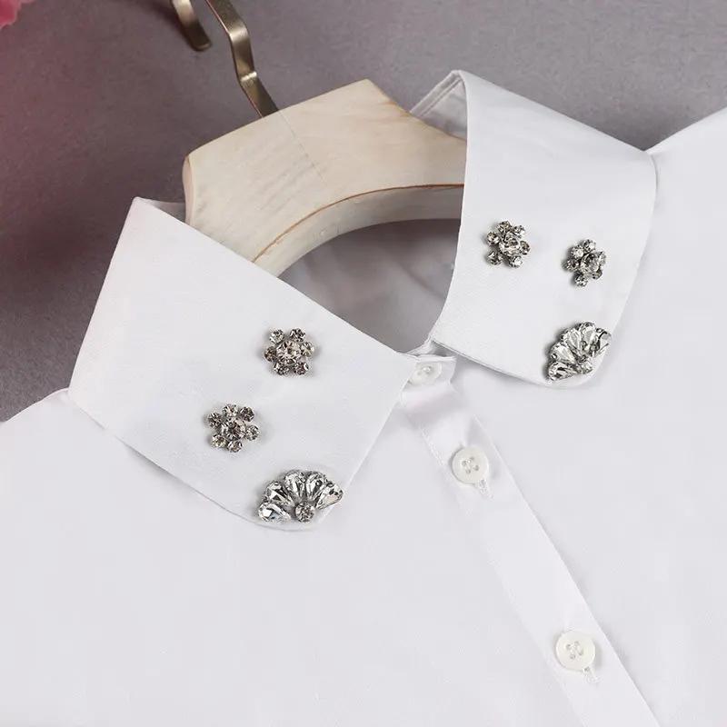 Vintage Beads False Collar for Womens White Solid Cotton/Chiffon Female Detachable Collar Lapel Ladies Decoration Blouse Top