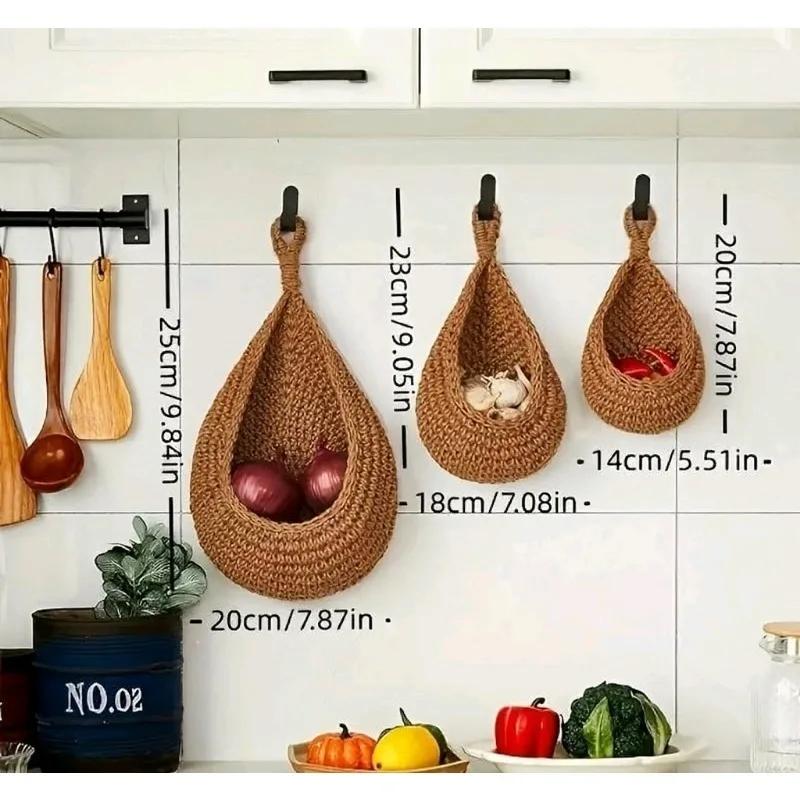 3pcs Boho Macrame Wall Hanging Baskets - Linen Storage Organizer for Kitchen Restaurant Fruit Vegetable Onion Rack Home Decor