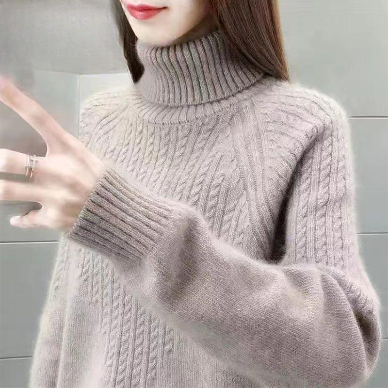 

Цветной свитер из овечьей шерсти, женский пуловер с высоким воротом, осенне-зимний толстый теплый свободный свитер на основе кашемира 3XL верблюд