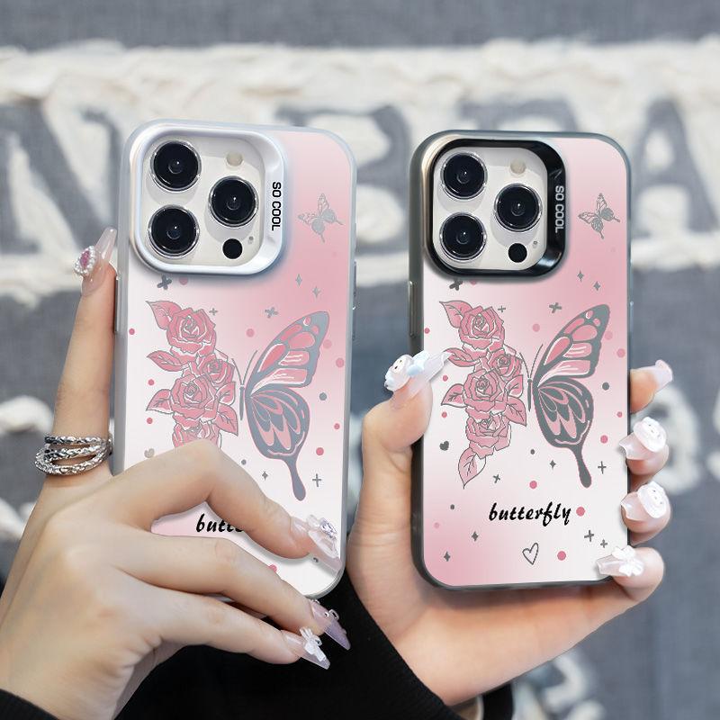 Apple 15 Pro Max Colorful Silver Phone Case (14/13/12), Creative Trendy Style, Cute Butterfly Rose Colorful Silver