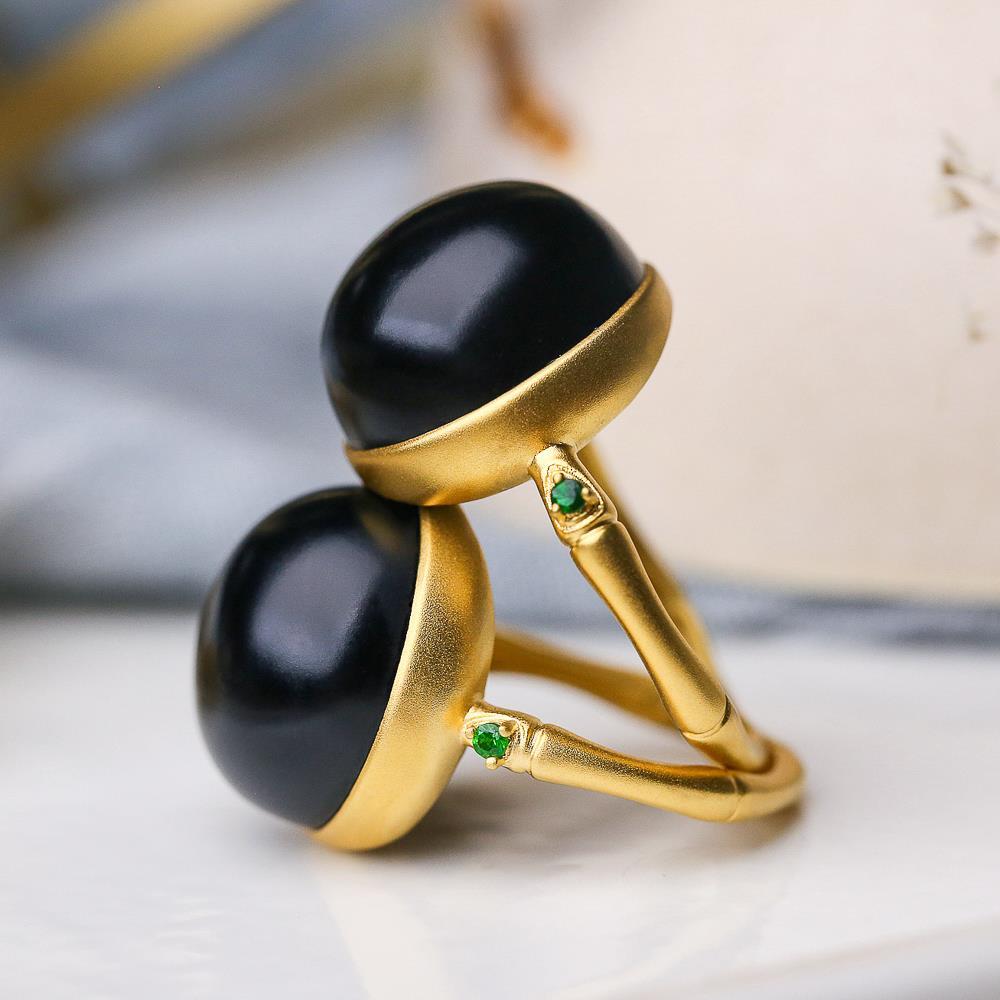 Natürlicher Hetian Schwarzer Jade Runde Perle Öffnung Verstellbarer Ring Chinesischer Retro Eleganter Bambus Anhänger Damen Schmuck
