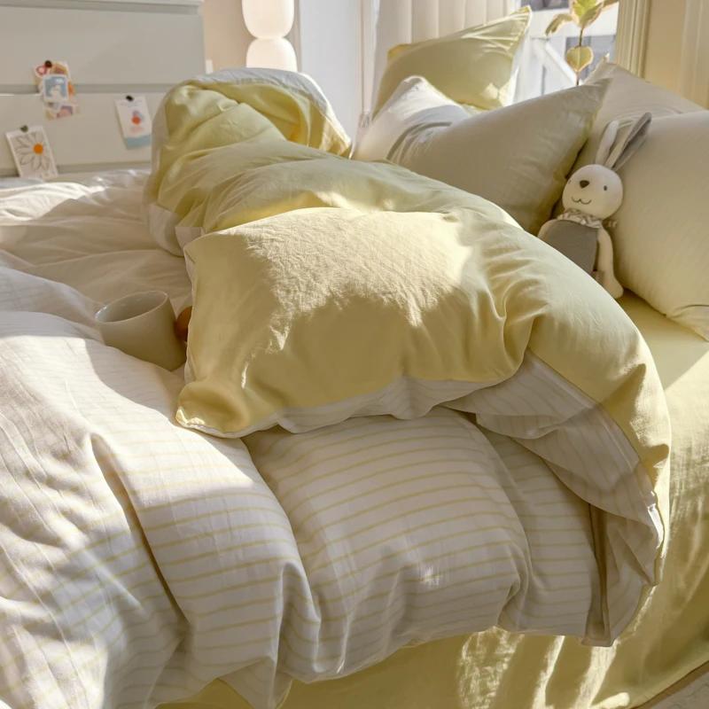 Pure Cotton Home Textile Striped Bedding Set Simple Soft Duvet Cover Sheet Pillowcase Ins Style Bed Linens Queen King Size