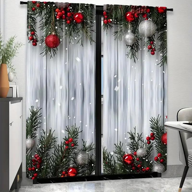 Holiday Christmas Balls Pine Branch Printed Curtains Suitable Home Decoration Bedrooms Living Rooms Made Of Polyester Great Room Decor