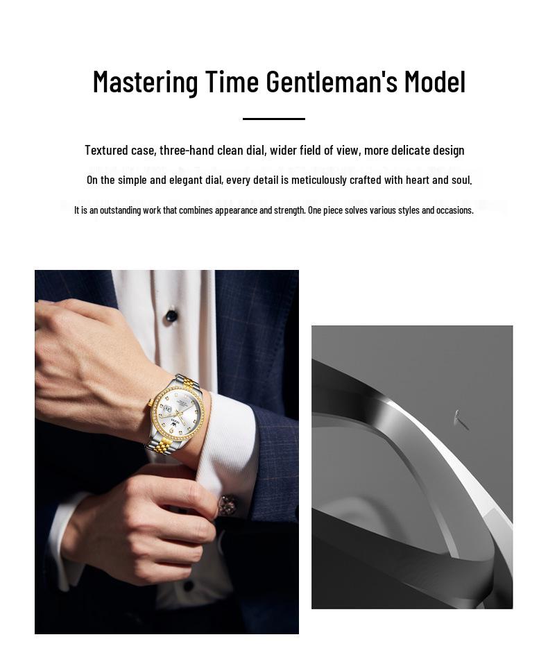 Olishi Men's Luminous Waterproof Quartz Watch with Diamond Bezel and Steel Band