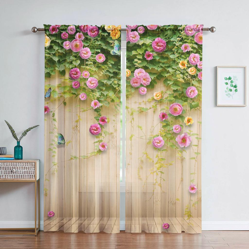 Watercolor Floral Sheer Voile Curtain For Living Room Dining Room Bedroom Drape Kitchen Window Transparent Chiffon Tulle Curtain