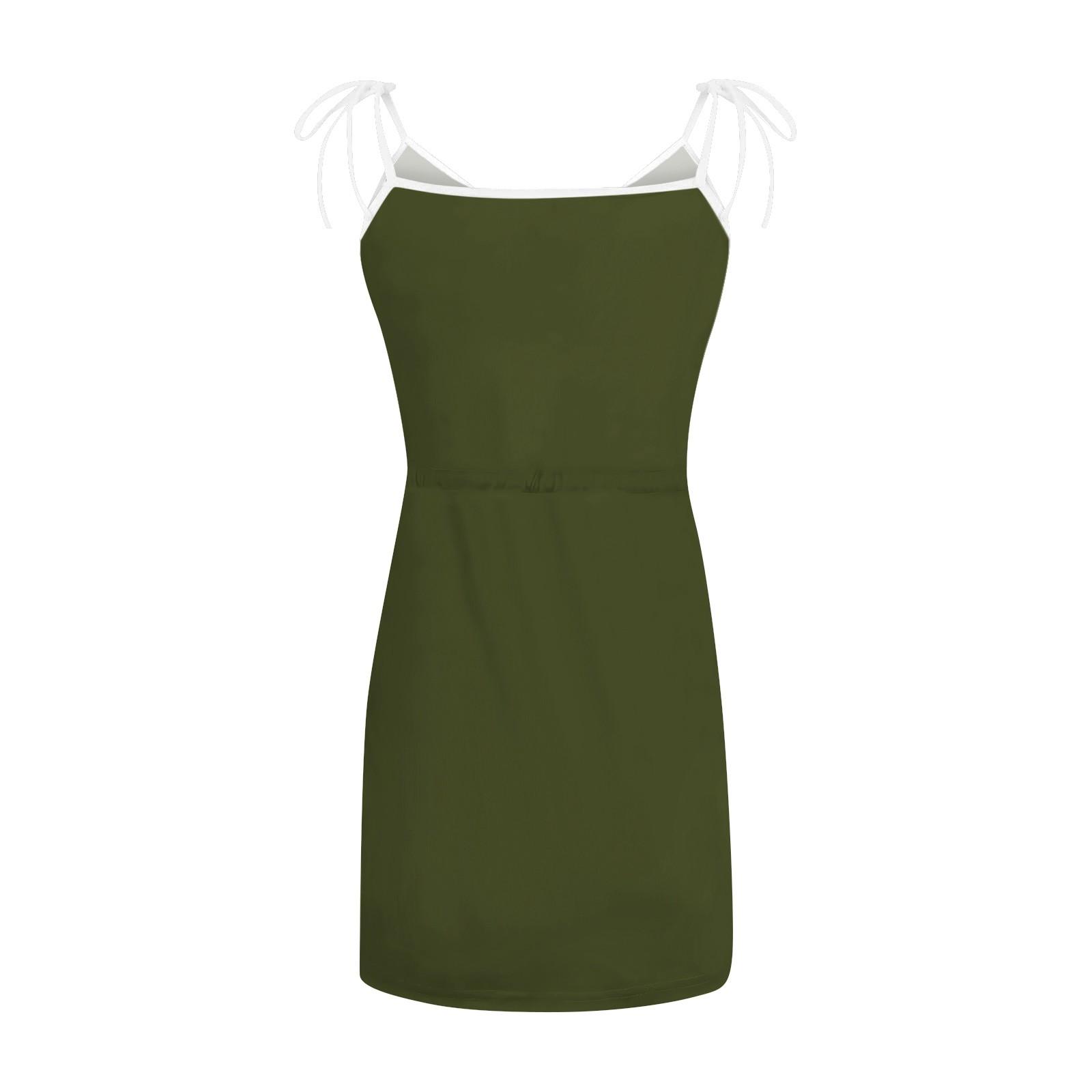 Женские летние однотонные свободные платья с v-образным вырезом на подтяжках и карманами — фото 5