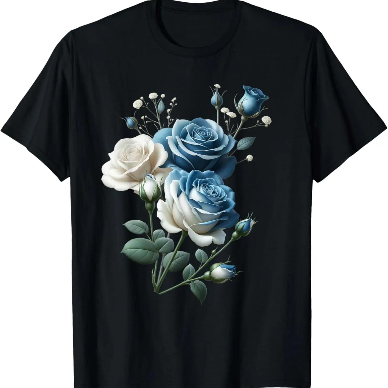 

Красивая футболка с букетом синих и белых роз, цветущая, ботаническая S