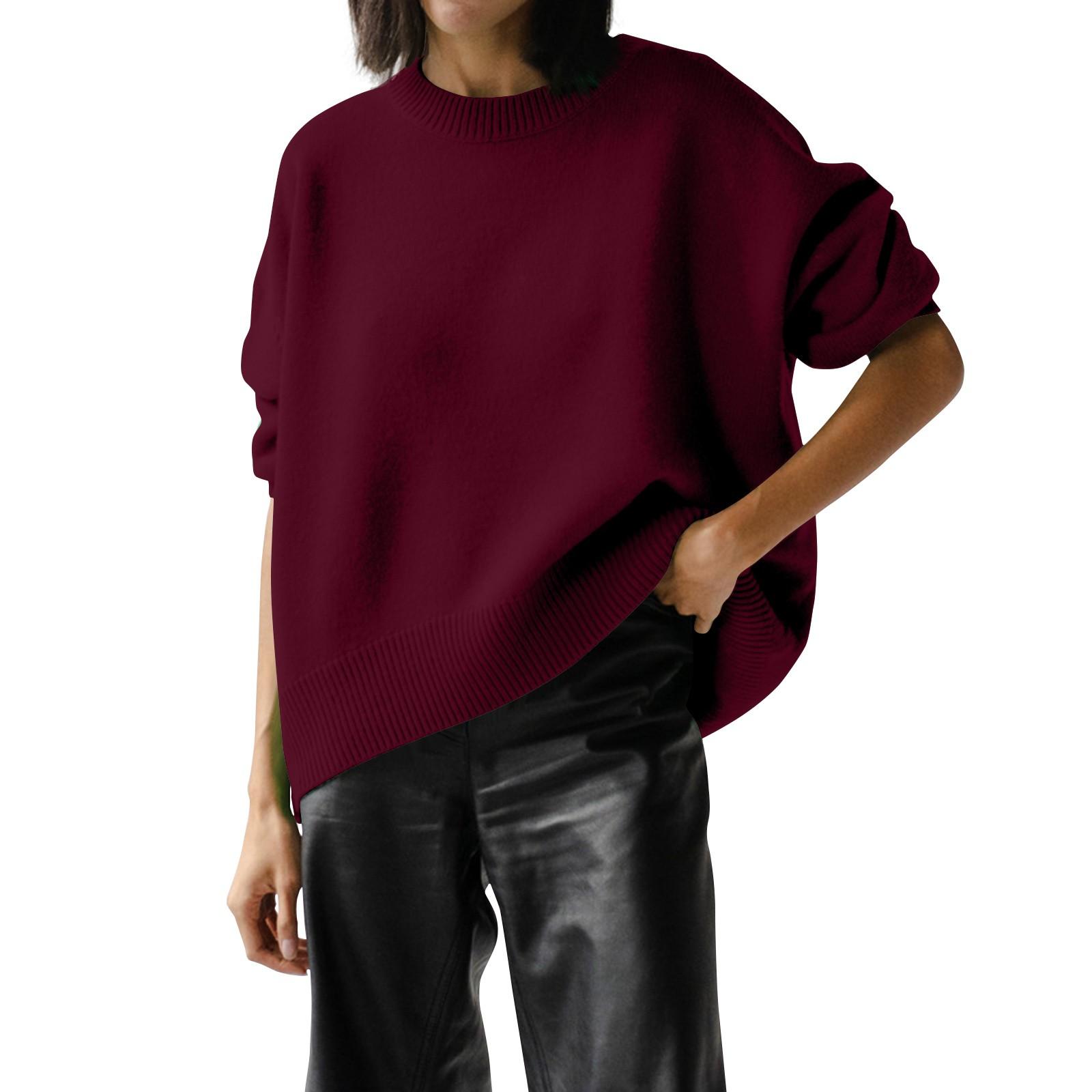 

Женский модный свободный свитер с круглым вырезом и длинным рукавом, однотонный повседневный свитер S винный