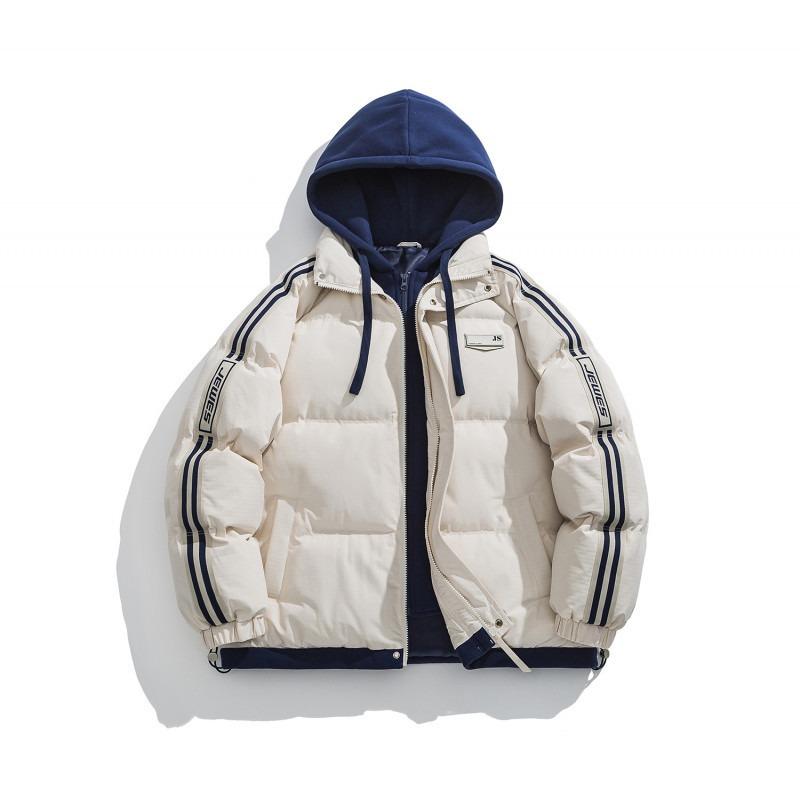 New couple loose hooded cotton-padded jacket, winter black fake two-piece thickened warm cotton-padded jacket