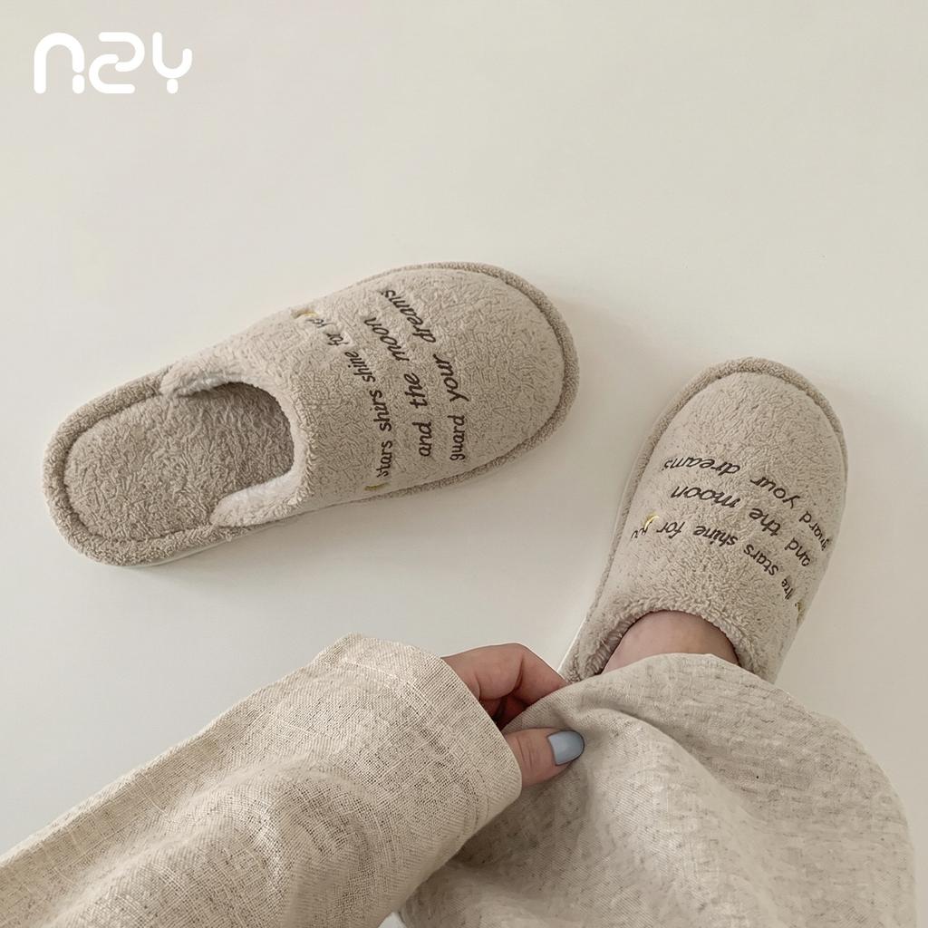 Girl style English embroidery cotton mop winter skin-friendly plush indoor warm home non-slip soft-soled slippers