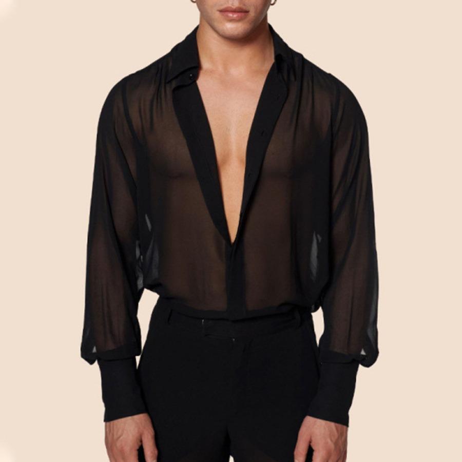 Thin  Lapel with Dense Mesh Personalized Long Sleeved Sexy See Through Men’s Casual Shirts