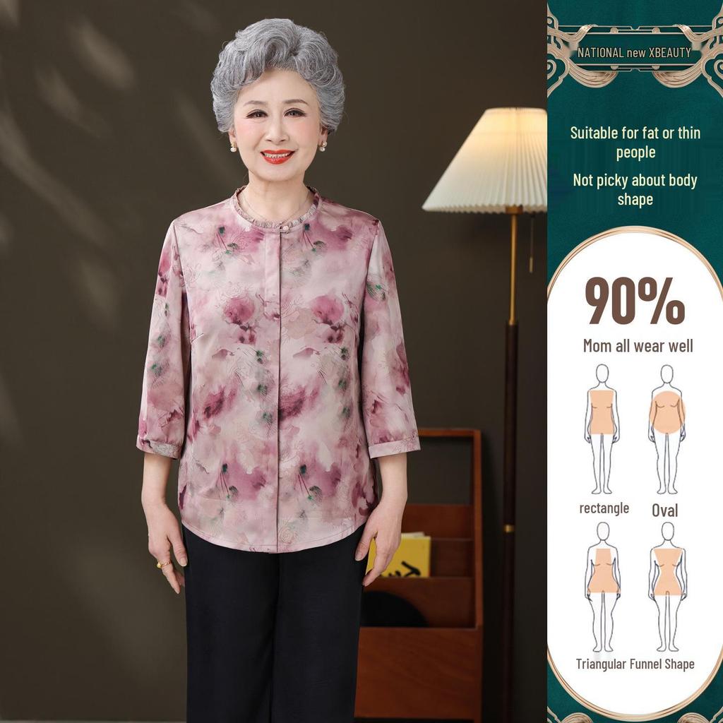 Spring & Summer Chinese Style Loose Cardigan: Women's Seven-Sleeve Top for Middle-Aged & Elderly