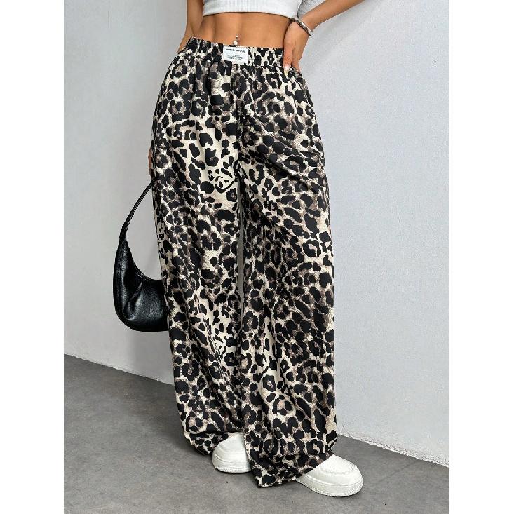 

2026 New Leopard Print Casual Pants for Women, Loose Fit, Elastic Waist, Printed Wide-Leg Trousers XXS белый