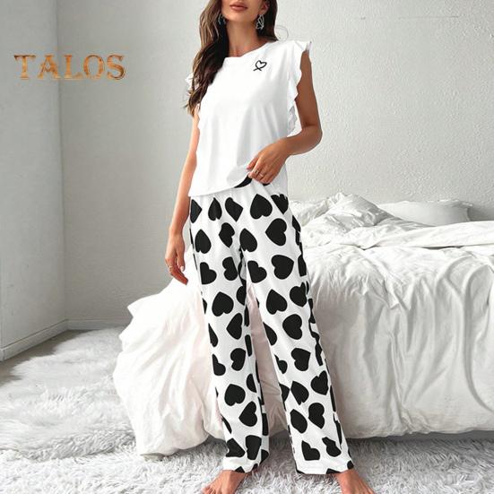 Damski Satynowy Zestaw Piżamowy Z Falbankami Top na Ramiączkach i Spodnie z Szerokimi Nogawkami Zestaw Casualowy 2-częściowy Strój Domowy Zestaw Lounge